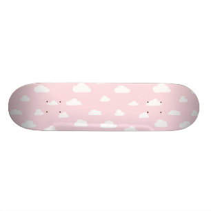 White Cartoon Clouds on Pink Background Pattern Skateboard