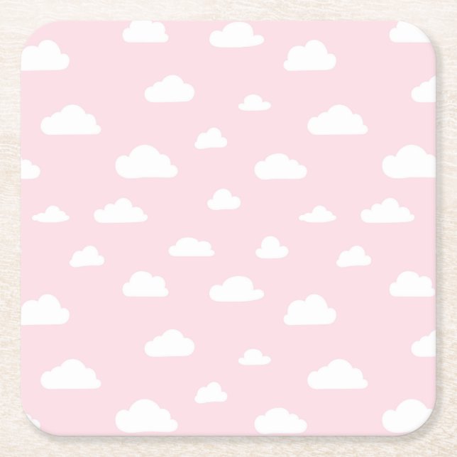 White Cartoon Clouds on Pink Background Pattern Square Paper Coaster (Front)