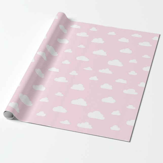 White Cartoon Clouds on Pink Background Pattern Wrapping Paper (Unrolled)
