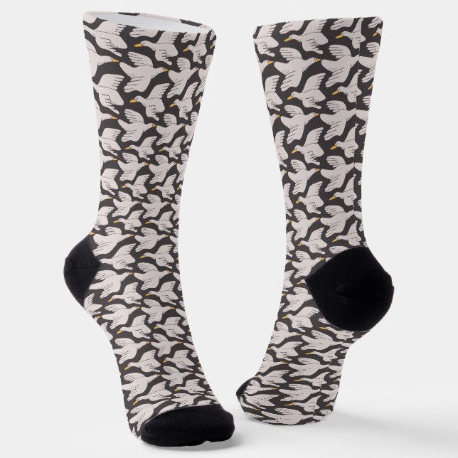 White Cartoon Goose Geometric Pattern Dark Grey Socks (Angled)