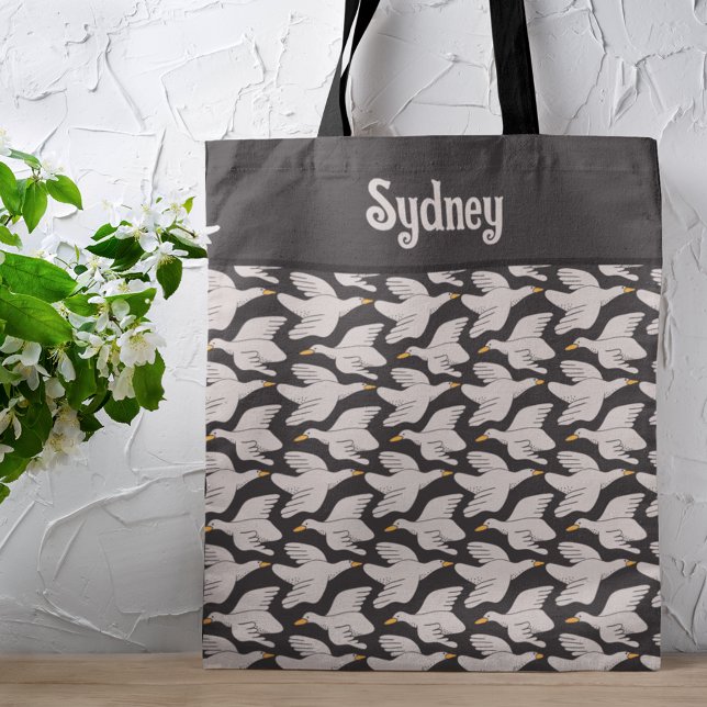 White Cartoon Goose Geometric Pattern Personalised Tote Bag (Creator Uploaded)