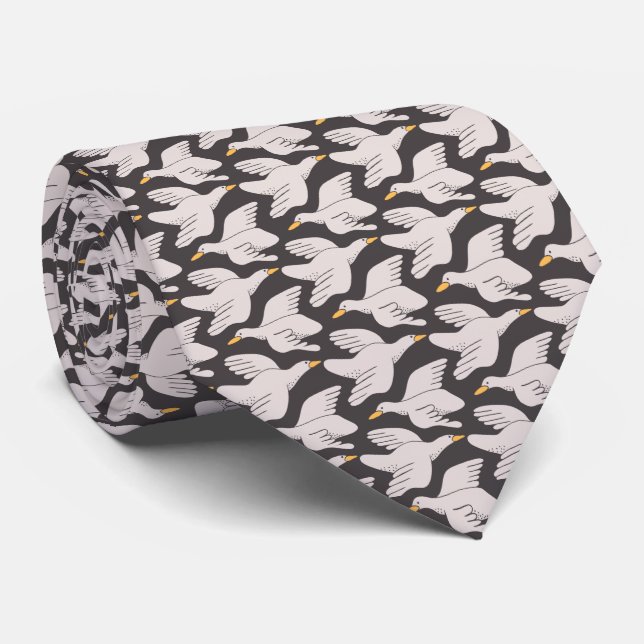 White Cartoon Goose Geometric Pattern Tie (Rolled)