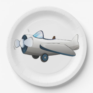 White Cartoon Propeller Plane Retro Style Vintage Paper Plate