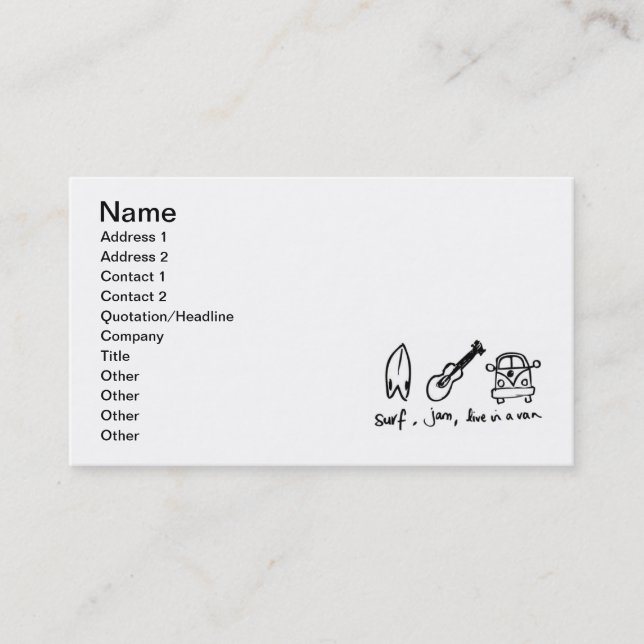 WHITE CARTOON SURFERS SURF JAM LIVE VAN MOTTO FUN BUSINESS CARD (Front)