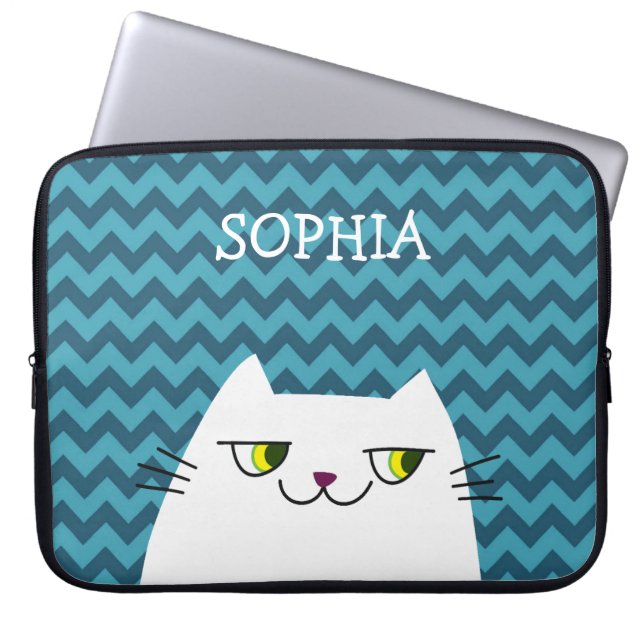 White Cat and Blue Zig Zag Monogrammed Laptop Sleeve (Front)