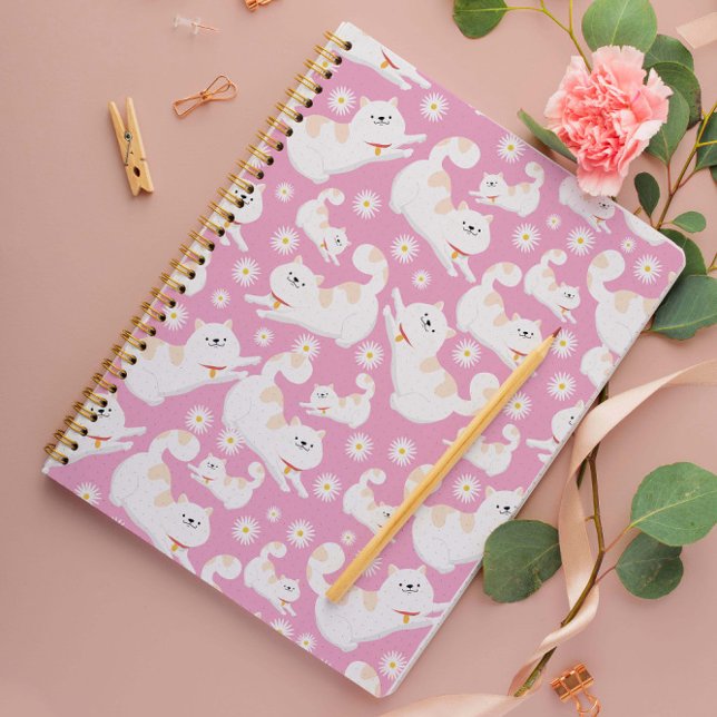  White Cat and flower Pattern pink  Notebook (Creator Uploaded)