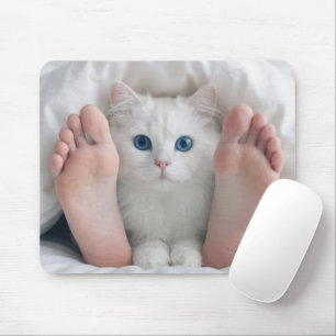 White Cat and Human Feet Under a Duvet Mouse Mat