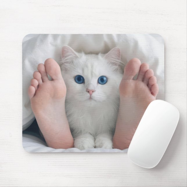 White Cat and Human Feet Under a Duvet Mouse Mat (With Mouse)