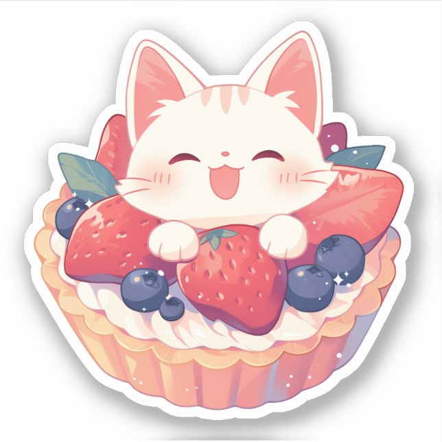 White Cat and Mixed Berries Tart Sticker (Front)