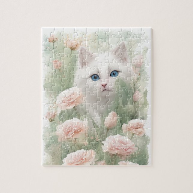 White Cat and Pink Flowers  Jigsaw Puzzle (Vertical)
