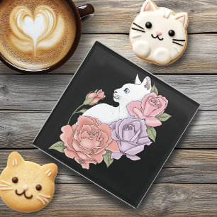 White Cat and Roses Glass Coaster