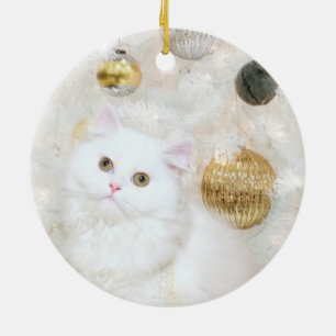 White cat and white Christmas tree Ceramic Tree Decoration