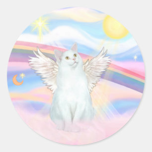 White Cat Angel in Clouds Classic Round Sticker