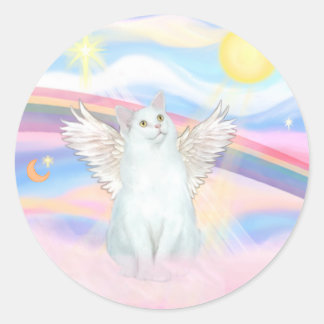 White Cat Angel in Clouds Classic Round Sticker