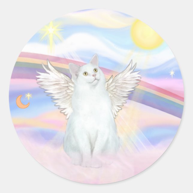 White Cat Angel in Clouds Classic Round Sticker (Front)