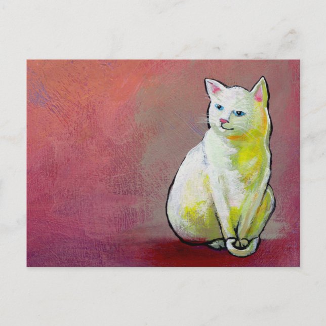 White cat art fun painting Whitey sitting pretty Postcard (Front)