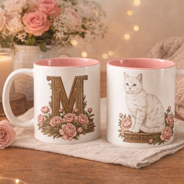 White Cat Blue Eyes Monogram Mug (White Cat Blue Eyes Monogram Mug - Personalized Initial Mug - Elegant Cat Lover Gift)