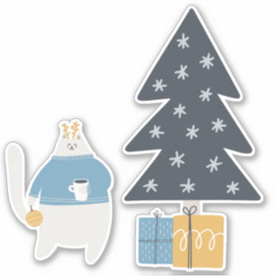 White cat blue sweater ornament christmas tree