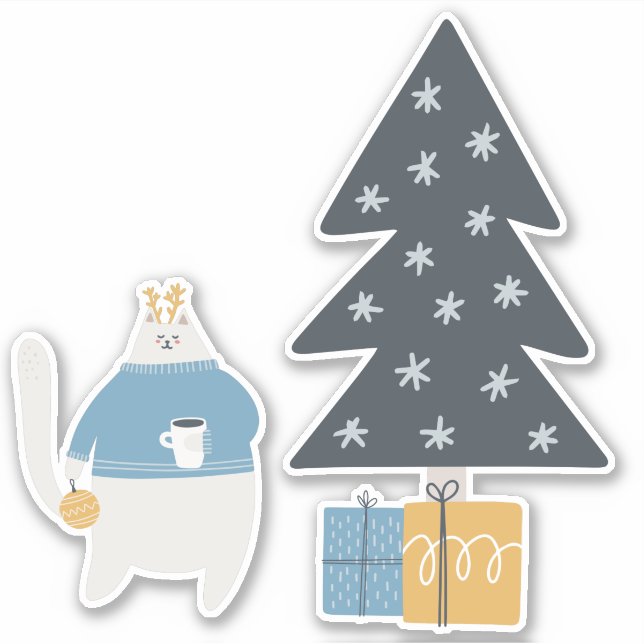 White cat blue sweater ornament christmas tree (Front)