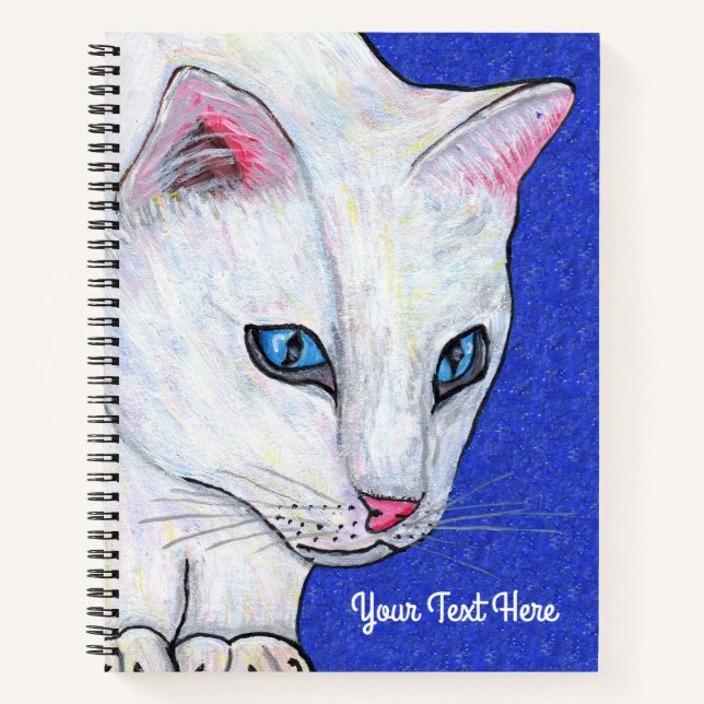 White Cat Bright Blue eyes Sparkle Deep Blue Notebook (Front)