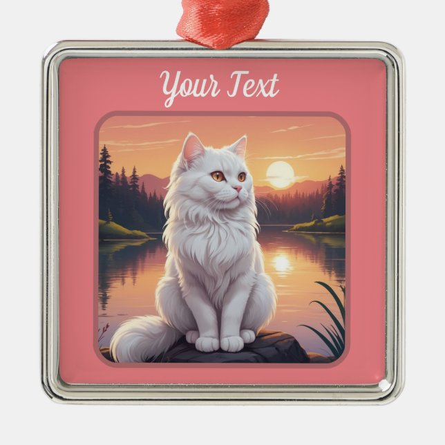 White Cat by Lake Metal Tree Decoration (Front)