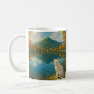 White Cat by the Lake – Serene Nature Mug for Cat