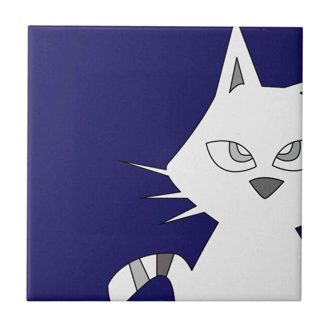White Cat Cartoon on Blue Tile (Front)