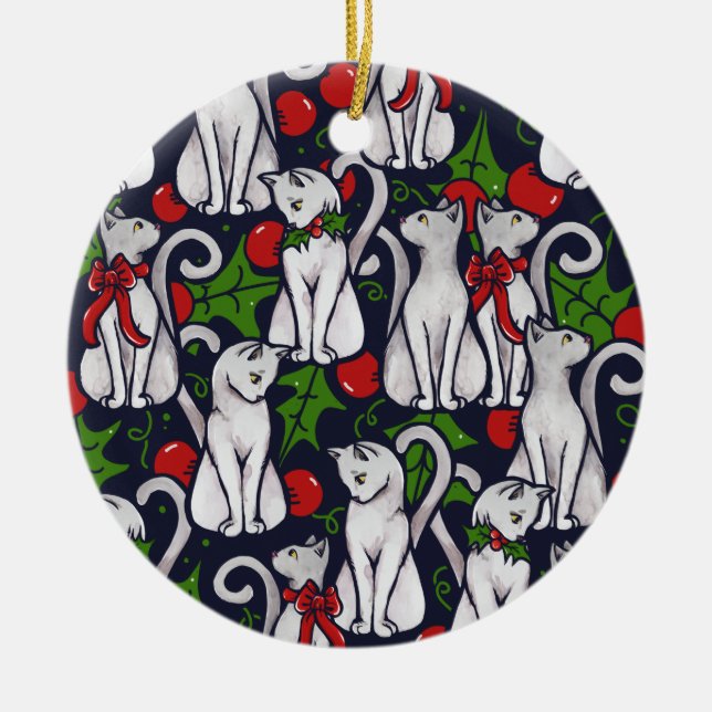 White Cat Christmas Gifts of Yule Ceramic Tree Decoration (Front)
