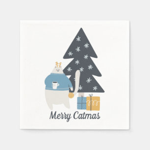 White cat Christmas ornament tree Merry Catmas Napkin