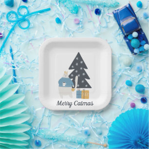 White cat Christmas ornament tree Merry Catmas  Paper Plate