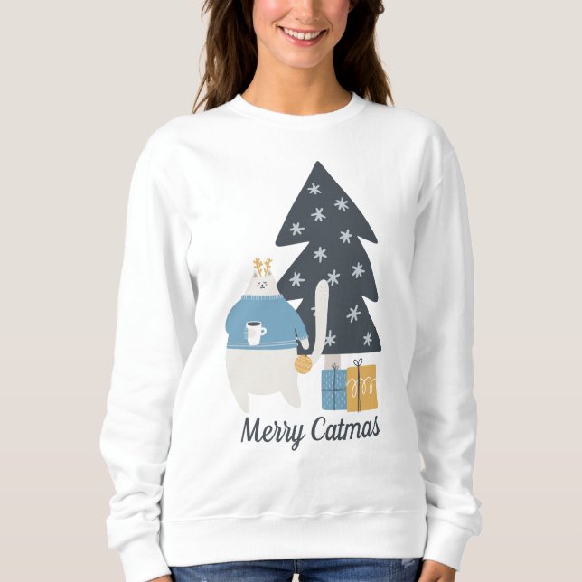 White cat Christmas ornament tree personalised Sweatshirt (Front)
