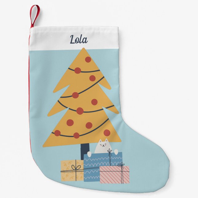 White cat Christmas tree presents personalise   Small Christmas Stocking (Front)