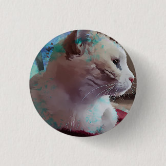 White cat closeup with blue paint effect 3 cm round badge