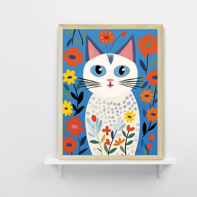 White Cat Colourful Flowers Blue Background Poster (Creator Uploaded)