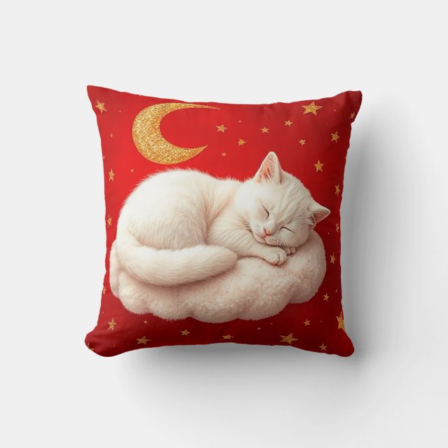 🐱 White Cat Cosy Sleep Home Style Red ❤️ Cushion (Front)