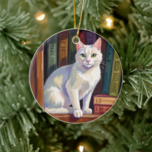 White Cat Drawing Ceramic Tree Decoration