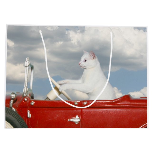 White cat drives a car large gift bag (Back)
