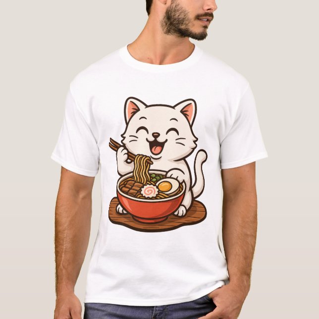 White Cat Eating Ramen T-Shirt (Front)