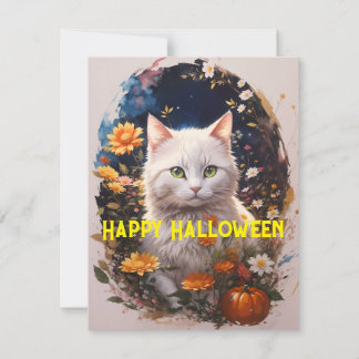 White Cat Flower Happy Halloween Magic Holiday Card