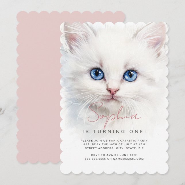 White Cat Girls First Birthday Party Invitation  (Front/Back)