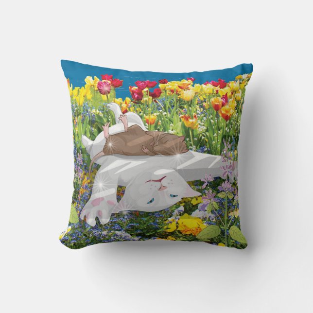 White Cat & His Rat Friend Cushion (Front)