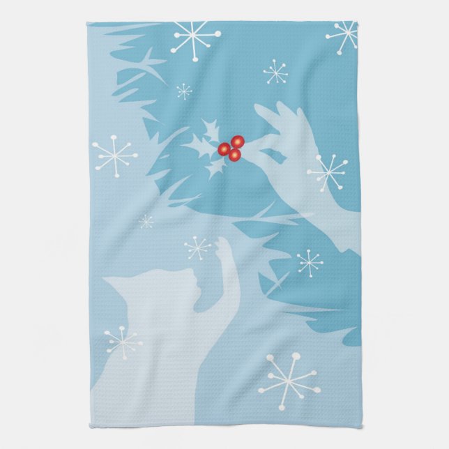 White Cat & Holly, ice blue, tea towel (Vertical)