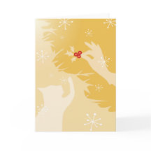 White Cat & Holly, in gold, Holiday/xmas Card
