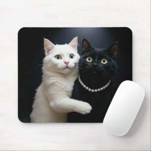 White Cat Hugging a Black Cat Mouse Mat