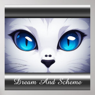 White Cat Illustration With Vibrant Blue Eyes Poster