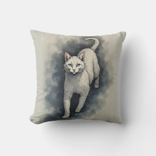 White Cat in a Chinese Ink Drawing Style Cushion