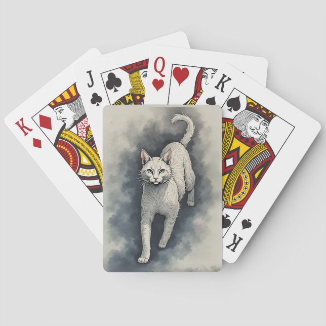 White Cat in a Chinese Ink Drawing Style Playing Cards (Back)