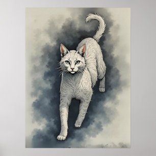 White Cat in a Chinese Ink Drawing Style Poster