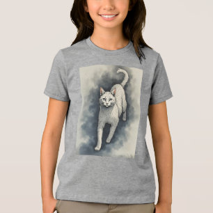 White Cat in a Chinese Ink Drawing Style Tri-Blend Shirt