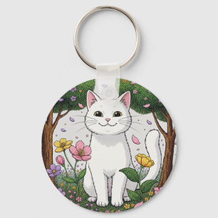 White Cat in a Colorful Garden Key Ring